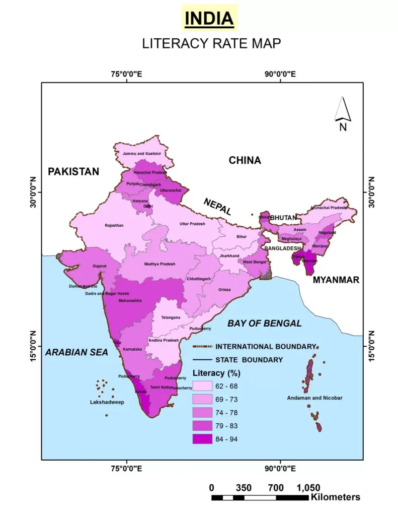 Literacy Rate Map in India with Latitude and Longitude