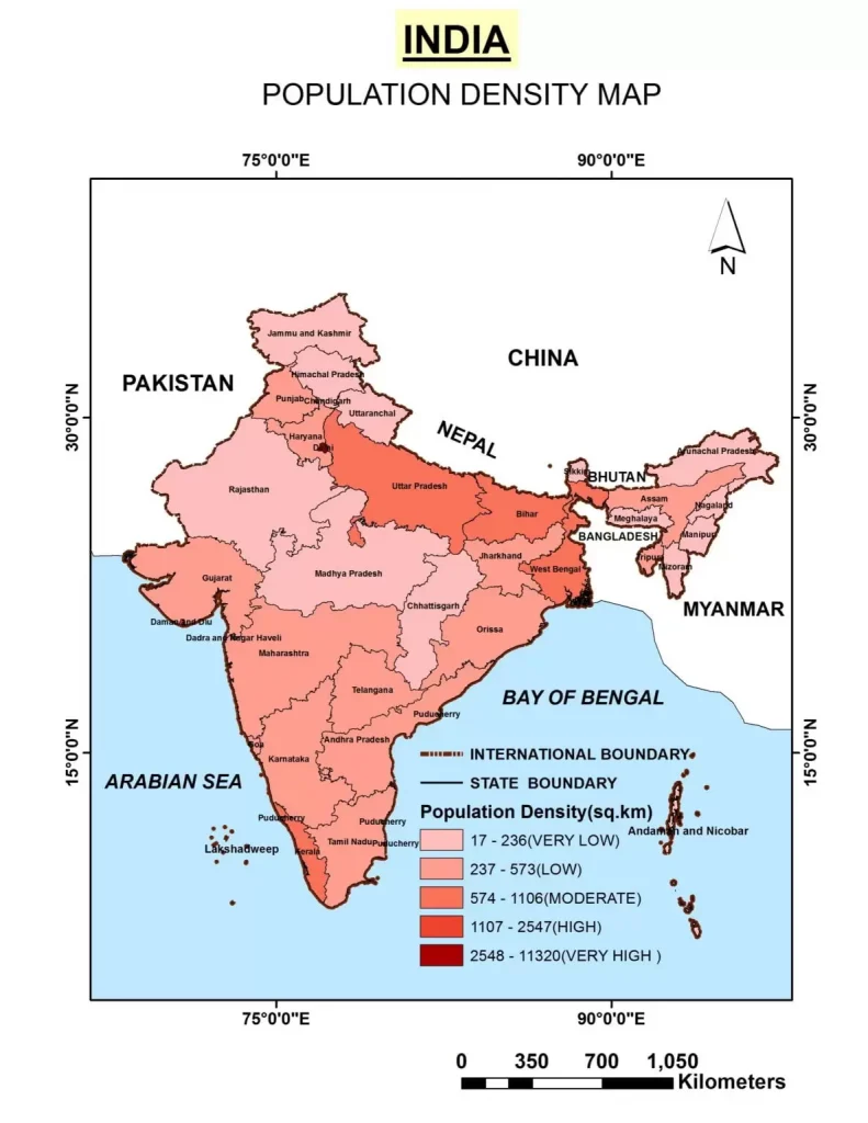 Population Density Map in India with Latitude and Longitude